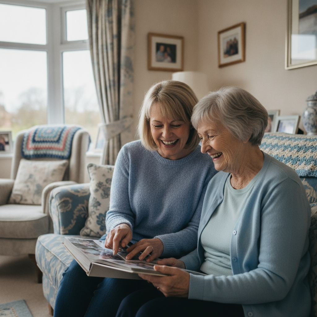 A Bluebell carer looking through a photo album with a client