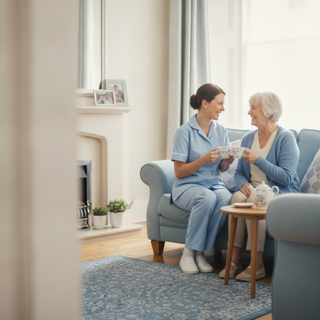 A Bluebell carer sharing tea and laughter with a client at home in Harrogate